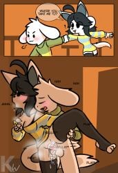 1boy1girl 2d against_wall ahe_gao anthro asriel_dreemurr black_bra black_eyes black_hair black_thighhighs commission confused female grabbing_breasts holding_hand indoors kangwolf male penetration sex striped_clothing temmie_(undertale) text thighhighs undertale vaginal_penetration vaginal_sex white_fur