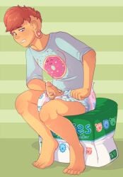 barefoot earrings food fruit jewelry red_hair shirt shorts sitting solo striped