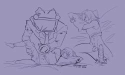 asleep before_sex deltarune deltarune_chapter_3 gay gay_sex kris_(deltarune) monochrome non-human object_head robot size_difference sleeping somnophilia tenna_(deltarune) tv_head yaoi