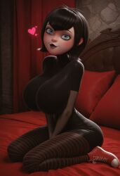 1girls ai_generated blush breasts bursting_breasts civitai female goth hotel_transylvania huge_breasts looking_at_viewer mamely32 mavis_dracula on_bed pantyhose sitting solo vampire