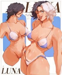 artist_signature belly_button big_breasts bikini blue_and_white blue_eyes blue_fingernails bon_drawr breasts collarbone date earrings eyeliner female female_focus fit_female hair_between_eyes hand_on_hip heart long_eyelashes luna_snow luna_snow_(marvel_rivals) marvel marvel_rivals mole_on_breast mole_under_mouth moles nipples_visible_through_bikini one_eye_closed pubic_hair_peek pussy pussy_tuft red_lipstick shaved_armpit shiny_skin side_view smiling_at_viewer standing stars tan_lines tan_skin thick_thighs two_tone_hair white_earrings winking_at_viewer