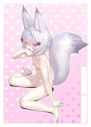 absurdres agemmata animal_ear_fluff animal_ears arm_support barefoot between_legs blush bob_cut breasts character_name completely_nude dripping female female_pubic_hair fox_ears fox_girl fox_tail full_body hair_ornament heart heart_hair_ornament highres large_tail looking_at_viewer navel nipples nude open_mouth phase_connect pink_eyes pubic_hair short_eyebrows short_hair sitting small_breasts solo tail tenma_maemi thick_eyebrows virtual_youtuber wariza wet white_hair white_pubic_hair white_tail
