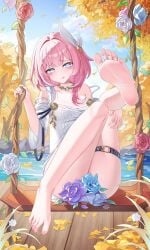 absurdres bare_shoulders barefoot blue_eyes blue_sky blush breasts commentary_request cum cum_on_body cum_on_feet cyrene_(honkai:_star_rail) dress feet female flower_censor hair_ornament highres honkai:_star_rail honkai_(series) jndfh lake leg_up licking_lips looking_at_viewer medium_hair multicolored_hair on_swing outdoors pink_hair sky small_breasts soles solo swing swing_set thighs toes tongue tongue_out two-tone_hair water white_dress white_hair wooden_floor