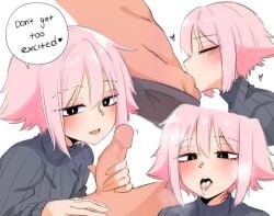 all_the_way_to_the_base blowjob crumblestodust cum cum_in_mouth femboy mako oc pink_hair