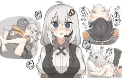 1boy ahoge az84997592 barefoot black_dress blue_eyes blush breasts clothed_sex clothes_pull dress dress_pull face_in_pillow female grey_hair hair_ornament highres kizuna_akari large_breasts leg_lock long_hair looking_at_viewer lying multiple_views nipples on_back on_stomach open_mouth pillow sex speech_bubble straight voiceroid white_background