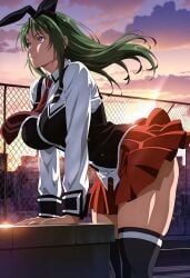 1girls academy_uniform_(bible_black) ai_generated animal_ears bare_ass bent_over bible_black bible_black_only blue_eyes blush breasts breasts_out bunny_ears chain-link_fence city_background clavicle clothing collarbone dusk dynamic_pose enigmata exposed_ass faithful_to_the_anime fake_animal_ears female female_only fence fully_clothed green_hair hairband head_tilt high_resolution indoors ito_mika leg_up legwear long_hair looking_away looking_to_the_side necktie nipple_bulge outdoors parted_bangs parted_lips pleated_skirt puffy_nipples rooftop school school_rooftop school_uniform schoolgirl shirt shoes skirt skirt_lift solo solo_focus stockings sunset suspenders teen teenage_female teenage_girl teenager thick_thighs thighhighs thighs uncensored upper_body vest wind wind_lift