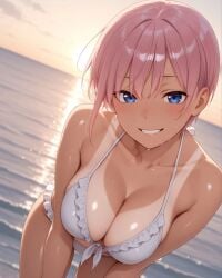 2025 ai_generated beach_background bikini_tan eyebrows eyebrows_visible_through_hair female female_only girl_only instagram looking_at_viewer meta open_mouth open_mouth_smile pink_hair_female red_cheeks short_hair_female smile_at_viewer smiling_at_viewer tanline tanned_body tanned_female tanned_girl tanned_skin teeth_showing unknown_artist unknown_character wet_bikini wet_body wet_skin white_bikini