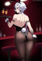 1girls arlecchino_(genshin_impact) big_ass big_butt blacked bunny_ears bunny_girl bunnysuit drinking genshin_impact grey_hair hoyoverse looking_at_viewer looking_back lord_dante mihoyo nervous nervous_smile nightclub qos qos_clothing serving_drink snowbunny walking