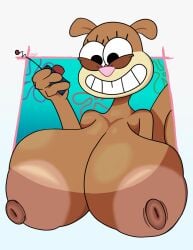 absurd_res anthro areola big_breasts breasts controller female female_anthro flower_cloud_(spongebob) hi_res huge_breasts killrabs mammal nickelodeon rodent sandy_cheeks sciurid simple_background smile solo spongebob_squarepants tree_squirrel