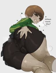 1girls ass ass_focus big_ass cooly fully_clothed looking_back persona_4 satonaka_chie short_hair skindentation spats spread_anus steam sweat teasing text thick_thighs tight_clothing tight_pants
