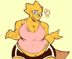 alphys animation_sensation barefoot bbw belly big_breasts breasts buckteeth chubby_anthro chubby_female female female_only freckles glasses lizard monster_girl nerd nerdy_female scalie shorts stained_clothes tail tanktop thick_thighs undertale undertale_(series) voluptuous_female