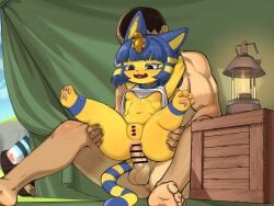 absurd_res anal anal_sex animal_crossing ankha_(animal_crossing) anthro balls blonde_hair blue_body blue_eyes blue_fur blue_hair blush blush_lines bob_cut bodily_fluids breasts censor_bar censored clothed clothing domestic_cat duo erection fangs felid feline felis female female_penetrated fur genital_fluids genitals hair happy happy_sex hi_res human inner_ear_fluff lolly_(animal_crossing) male male/female male_penetrating male_penetrating_female mammal multicolored_body multicolored_fur navel nintendo nipples no_underwear pawpads penetration penile penile_penetration penis penis_in_ass rapel sex small_breasts spread_legs spreading tail teeth tuft uraeus villager_(animal_crossing) vulva yellow_body yellow_fur