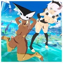 2futas 3d big_breasts big_penis covered_nipples cute dark-skinned_futa elphelt_enjoyer elphelt_valentine futadom futanari guilty_gear guilty_gear_xrd light-skinned_futa ramlethal_valentine sisters stockings thick_ass thick_thighs