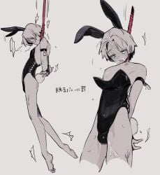 1boy animal_ears black_leotard blush bondage bondage bound cross-laced_clothes cross-laced_leotard fucafucamold full-face_blush full_body grey_background hanged hanging highres leotard male_focus male_playboy_bunny nipples noose original rabbit_ears rabbit_tail short_hair simple_background solo strangling tail tearing_up trembling vomit