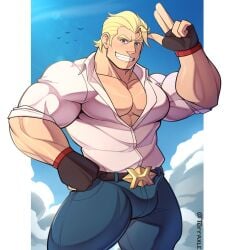 arthur_(fire_emblem_fates) bara blonde_hair blue_eyes clothing dilf erection erection_under_clothes fire_emblem_fates intelligent_systems male muscles muscular muscular_male nintendo pecs smile yaoi