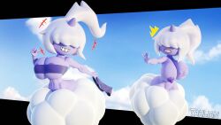 2girls 3d big_breasts blender blender_(artwork) boobs breasts cloud covering_breast crop_top cute cute_girl dazzi_(pal) deviantart_link deviantart_username duo duo_female embarrassed embarrassed_naked_female embarrassed_nude_female female female_only horn mischievous mischievous_look mischievous_smile naked naked_female nipples_visible_through_clothing nude nude_female pal_(species) palworld purple_areola purple_nipples revealing_clothes stealing_clothes stealing_clothing tahlian violet_skin watermark white_hair