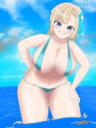 1girls asuna_(blue_archive) big_breasts bikini blonde_female blonde_hair blonde_hair_female blue_archive blue_bikini blue_eyes blue_eyes_female blush boat breasts female female_focus female_only giant_female giant_woman giantess haruha571 large_boobs large_breasts light-skinned_female light_skin looking_at_viewer ocean ship solo solo_female solo_focus swimsuit swimwear