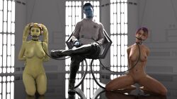 1boy 2girls 3d age_difference alexbridger alien alien_boy alien_girl arms_behind_back barefoot belt big_breasts black_hair blue_body blue_skin bondage boots bound_wrists breasts chain_leash chained chair chiss clothed clothed_male clothed_male_nude_female clothing collar completely_nude crossed_legs eyewear feet ffm_threesome front_view full_body gag gagged goggles goggles_on_forehead grand_admiral_thrawn green_skin hands_on_thighs headgear headwear hera_syndulla human human_female humanoid imperial_officer_(star_wars) kneelin kneeling leash legs_spread male mandalorian mature mature_female military_uniform mostly_nude navel no_sex nude nude_female nudity older_female older_male on_chair on_floor pants purple_hair pussy red_eyes reflection reflective_floor sabine_wren science_fiction shaved_pussy short_hair short_hair_female short_hair_male sitting slave slave_collar slave_girl slim_waist spread_legs star_wars star_wars_rebels threesome trio twi'lek uniform white_clothing younger_female