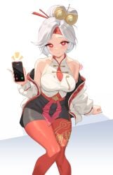 bare_shoulders breasts cellphone commentary_request eyeshadow female female_only hair_ornament hair_stick headband highres holding holding_phone jacket large_breasts looking_at_viewer makeup nintendo no_eyewear pantyhose phone purah raised_eyebrows red_eyeshadow red_headband red_pantyhose revvie sheikah sleeveless smartphone solo the_legend_of_zelda the_legend_of_zelda:_tears_of_the_kingdom white_hair