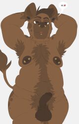 1boy anthro armpit_hair balls belly body_hair bolt_carrier brown_body brown_eyes brown_fur brown_hair chest_hair deformed dipstick_tail ear_piercing erection facial_piercing fur furry genitals hair heart_symbol hi_res hyena lip_piercing looking_at_viewer male male_only mammal markings moobs nipple_piercing nipples nose_piercing nude nude_anthro nude_male overweight overweight_anthro overweight_male penis piercing pubes simple_background solo speech_bubble spots spotted_body spotted_fur standing stubble tail tail_markings white_background yaoi