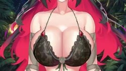 big_breasts bikini bikini_top black_bikini black_hair boob_focus bouncing_breasts breasts elara_(vtuber) elf jewelry light-skinned_female massive_breasts original original_character piercing red_hair red_jewelry smile smiling tagme video vtuber white_skin
