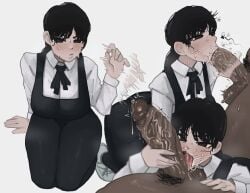 1girls black_hair blowjob chainsaw_man clothed cock_hungry cock_worship cooly deepthroat fellatio fellatio_gesture fully_clothed huge_cock mitaka_asa precum saliva_trail school_uniform thick_thighs