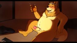 1boy 2016 alcohol anthro balls beer beverage biceps blush canine closed_eyes erection eyewear fox fur hair hi_res inside mabit male male_only mammal morenatsu nipples nude open_mouth penis slightly_chubby smile solo spread_legs spreading tetsuya_inoue video_games