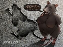 anthro ass band1tnsfw belly big_belly big_breasts big_butt big_tooth breasts brown_body brown_fur brown_rat chicago chicago_rat_hole concrete concrete_floor digital_drawing_(artwork) digital_media_(artwork) ear_piercing embarrassed english_text feet female female_anthro finger_to_mouth fur hand_behind_back hi_res hole_(pit) huge_breasts long_tail looking_away mammal mature_anthro mature_female meme murid murine outside overweight overweight_anthro overweight_female piercing pink_ears pink_feet pink_hands pink_nose pink_tail rat rodent silhouette solo speech_bubble tail text thick_thighs whiskers wide_hipped_anthro wide_hipped_female wide_hips yellow_eyes