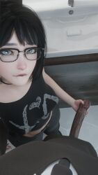 1boy 1girls 2025 3d bathroom bathroom_sink black_hair blue_eyes breasts clothed clothed_female clothed_male covered_nipples duo eunji_(mslewd) eyeglasses eyeliner eyewear foreplay glasses handjob indoors legs_apart lip_bite lipstick looking_at_viewer loving_look medium_breasts medium_hair midriff midriff_baring_shirt mslewd navel nipple_bulge original original_character penis penis_out pov standing straight tight_clothing uncircumcised uncircumcised_penis