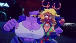 2_girls 2girls arm_around_shoulder big_breasts big_smile cute deltarune mommy noelle_(deltarune) noelle_holiday noelle_holiday_(cryptiacurves) sabrean shy_expression shy_smile susie_(deltarune) vrchat vrchat_avatar