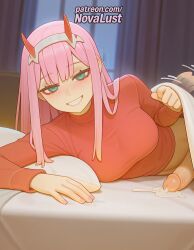 1boy 1futa 2025 ai_generated artist_name blush cock cum darling_in_the_franxx dick ejaculation erection eyebrows_visible_through_hair foreskin futanari green_eyes hairband hi_res high_quality high_resolution highres horns long_hair lying_on_stomach novalust on_belly on_stomach patreon patreon_username penis pink_hair prone_position smile solo stable_diffusion straight testicles uncensored watermark zero_two_(darling_in_the_franxx)