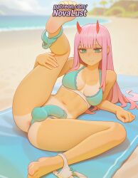 1boy 1futa 2025 ai_generated anklet aqua_bikini artist_name barefoot beach bikini blue_bikini cock crossdressing darling_in_the_franxx dick erection feet feet_up foreskin futanari green_eyes hi_res high_quality high_resolution highres horns long_hair lying male_focus navel novalust ocean oni_horns otoko_no_ko patreon patreon_username penis pink_hair sand soles solo stable_diffusion swimsuit tanlines testicles toes watermark zero_two_(darling_in_the_franxx)