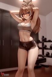 1girls 2d ai_generated ass barefeet big_ass breasts brown_hair erophoenix feet female female_focus full_body gym hairclip hololive hololive_english hololive_english_-council- hololive_english_-promise- indoors looking_at_viewer medium_breasts nanashi_mumei navel patreon_username short_shorts shorts solo solo_female sports_bra sweat thick thick_thighs toes uncensored virtual_youtuber vtuber