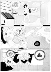 anthro ass balls breasts brick_wall canid clothing comic corablue dialogue digital_media_(artwork) duo english_text genitals gynomorph gynomorph/gynomorph hair hi_res holding_character hoodie intersex intersex/intersex looking_at_viewer mammal outside penis shirt small_penis surprised tail text topwear wall_(structure)