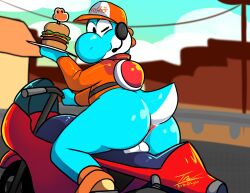 1boy anthro anus ass backsack balls big_butt biped blue_body blue_scales bottomless bottomless_anthro bottomless_male burger clothed clothing dinosaur electronics employee_uniform food footwear genitals hat headgear headphones headset headwear hi_res looking_at_viewer looking_back looking_back_at_viewer male male_only mario_(series) mario_kart mario_kart_world motorcycle nintendo one_eye_closed prate-dragon rear_view reptile scales scalie shell shoes short_tail sitting solo tail vehicle wink winking_at_viewer yoshi