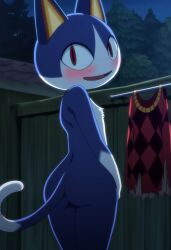 ai_generated animal_crossing covering covering_crotch embarrassed embarrassed_nude_male hanging_clothes night nintendo nude outdoors rover_(animal_crossing) shy