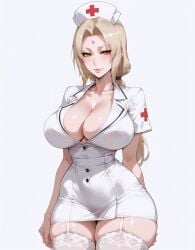 ai_generated big_breasts blonde_hair breasts dirty_blonde_hair female huge_breasts lewdwaifulaifu looking_at_viewer naruto nurse nurse_clothing nurse_uniform slim_waist tsunade