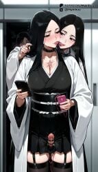2girls 3girls _long_hair ai_generated bar_censor biting black_choker black_eyes black_garter_straps black_hair black_kimono black_nails black_sash black_skirt black_thighhighs bleach bleach:_the_thousand-year_blood_war bleach_brave_souls blurry blurry_background blush breasts cellphone censored choker cleavage closed_mouth collarbone controller cowboy_shot cum ear_biting erection futanari garter_straps holding holding_phone indoors japanese_clothes kimono large_breasts licking licking_another's_face long_hair long_sleeves looking_at_another mole mole_under_eye multiple_girls mykibuu nail_polish nose_blush obi obiage obijime object_insertion open_mouth parted_bangs penis phone piercing pleated_skirt precum remote_control remote_control_vibrator sash scar selfcest sex_toy shirt shonen_jump skindentation skirt smartphone smile spikes standing sweat teeth thighhighs thighs tongue tongue_out unohana_retsu vibrator vibrator_cord vibrator_in_thighhighs vibrator_under_clothes wide_sleeves zettai_ryouiki