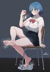 absurdres artist_name barefoot black_skirt blue_eyes blush breasts chair condom cum cum_on_body cum_on_feet dokkitokki eyebrows_hidden_by_hair female from_side full_body grey_background highres holding holding_condom large_breasts looking_at_viewer mole mole_under_eye open_mouth original school_chair school_uniform shirt shoes short_hair simple_background sitting skirt smell soles solo toes unworn_shoes white_shirt