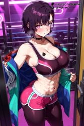 abs ai_generated ass bare_shoulders black_choker black_hair black_sports_bra blush breast_tattoo breasts choker cleavage closed_mouth collarbone dolphin_shorts female green_jacket hair_ornament hairclip indoors jacket large_breasts leggings looking_at_viewer mikazuki_shizuka mykibuu navel off_shoulder open_clothes open_jacket pantyhose pantyhose_under_shorts pink_eyes pink_shorts pink_sports_bra pov_doorway purple_eyes purple_hair short_hair short_shorts shorts solo spade_(shape) sports_bra sweat tattoo toned zom_100:_zombie_ni_naru_made_ni_shitai_100_no_koto