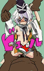 2boys bottomless breasts clothed_rape dark-skinned_male female hat interracial mononobe_no_futo multiple_boys navel penis pov rape restrained sketch small_breasts straight tears tears_of_pain text tomatojam torn_clothes touhou vaginal_penetration white_hair