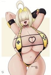 1girls armpits arms_up big_breasts bikini blonde_hair breasts busty chubby chubby_female cleavage elegg_(boom_and_shock)_(nikke) elegg_(nikke) female female_only fiffer goddess_of_victory:_nikke hair_over_eyes hands_behind_head huge_breasts large_breasts looking_at_viewer massive_breasts png solo swimsuit thick_thighs wide_hips