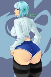 1girls ass blue_hair earth-chan_(cosplay) emeraldlewds light-skinned_female light_skin medium_hair shorts