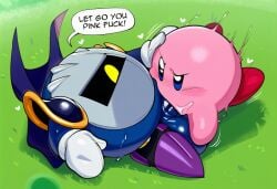 ai_generated anthro blue_eyes blush bodily_fluids clothing dialogue duo english_text feral gay genital_fluids grass heart hellsonger hi_res kirby kirby_(series) male meta_knight nintendo sex speech_bubble sweat text waddling_head yellow_eyes