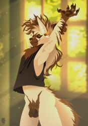 anthro ass balls bottomless bottomless_anthro bottomless_male claws clothed clothing ear_piercing facial_piercing finger_claws fluffy fluffy_tail fur genitals hi_res hyena looking_at_viewer male mammal mane multicolored_body multicolored_fur nose_piercing nose_ring penis peyotethehyena piercing pointy_ears pupils ring_piercing shirt shirt_only slit_pupils solo stretching striped_body striped_fur striped_hyena stripes tail tank_top tank_top_only topwear topwear_only two_tone_body two_tone_fur window_light