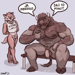2025 anthro asking_to_wait balls bench bison bodily_fluids bottle bottomless bovid bovine brown_body brown_fur canid canine clothed clothing container dialogue dripping duo english_description erection european_bison flaccid foreskin fox fur gay gay_male genital_fluids genitals hi_res hooves horn imminent_sex male male/male mammal manly mikolaj_(nanoff) mostly_nude_anthro mostly_nude_male muscular muscular_anthro muscular_male nanoff navel nipples nude_anthro nude_male number_on_clothing on_bench open_mouth penis pink_body pink_fur polish_text precum precum_drip shirt shirt_only simple_background sitting sitting_on_bench smile smug speech_bubble spread_legs spreading sweat tail tank_top tank_top_only text topwear topwear_only water_bottle white_clothing white_shirt white_tank_top white_topwear yaoi
