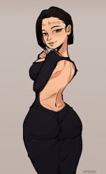 ass ass_focus ass_visible_through_clothes back back_view backless_outfit big_ass big_breasts dress female from_behind healed_scars itadori_kaori jeteggs jujutsu_kaisen kenjaku large_ass large_breasts scars short_hair smile solo