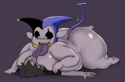 ass big_ass cl0wn_meat commission deltarune feet fool's_hat jevil_(deltarune) kissing male male_focus moobs nipples overweight smothering tagme tail tongue tongue_kiss tounge_out undertale_(series)