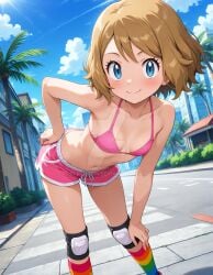 2025 4kids_entertainment ai_generated anime belly bikini_under_shorts blue_eyes_female brown_eyebrows brown_hair_female city_background closed_mouth closed_mouth_smile deviantart elryusam hand_on_hip hand_on_leg looking_at_viewer meta mouth_closed nintendo orange_cheeks pink_bikini pink_shorts pokemon rainbow_socks roller_skates serena_(pokemon) short_hair_female smile_at_viewer smiling_at_viewer sports_legwear tummy