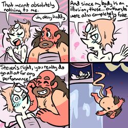 1boy 1boy1girl 1girls 2016 4koma after_sex alien angry blue_eyes blush breasts brown_hair cartoon_network comedy comic english_text female fingers flower forehead_gem funny gem gem_(species) greg_universe humanoid interspecies long_penis maggiekarp male murdercock nipples pearl_(steven_universe) penis plant rose smile steven_universe straight teeth text